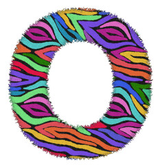 3D Zebra RAINBOW print letter O, animal skin fur creative decorative character O, with colorful isolated in white background. has clipping path and dicut. Design font wildlife or safari concept.