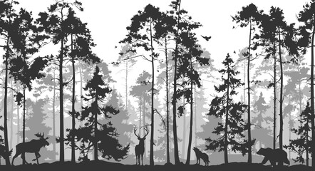 Seamless horizontal background with pine forest and animals: deer, bear, wolf, elk, owl and birds. Animals are separate from the background, you can move and delete them.
