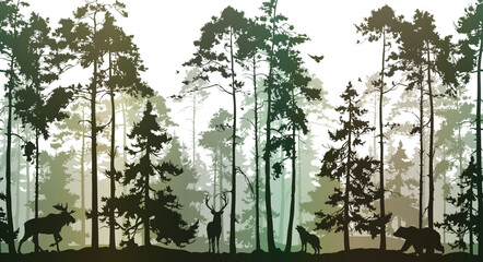 Seamless horizontal background with pine forest and animals: deer, bear, wolf, elk, owl and birds. Animals are separate from the background, you can move and delete them. - obrazy, fototapety, plakaty