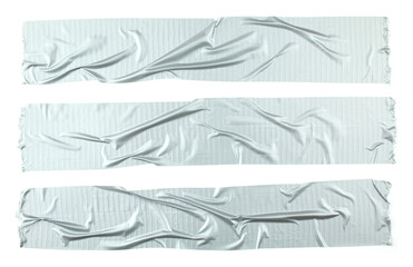 Crumpled stripes of silver grey adhesive tape isolated on white background. Torn pieces of grey sticky tape. Duck tape.