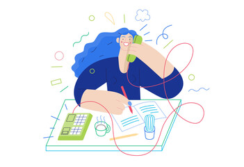 Business topics - client calls. Flat style modern outlined vector concept illustration. A red-haired woman talking to a client by the phone at the office desk. Business metaphor.