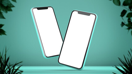 3D rendering of two phones mockup on a green background with plants. White screen