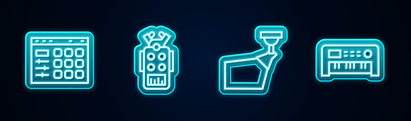 Set line Drum machine, Microphone, Movie spotlight and Music synthesizer. Glowing neon icon. Vector.
