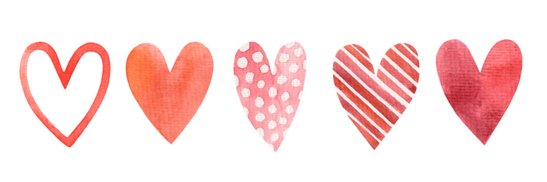 Collection of watercolor hand drawn hearts isolated on white background for valentine's day. Love symbol.