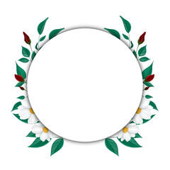 Fototapeta na wymiar Round frame with leaves, white flowers and red small roses on a white background. Frame with shadow and has a place for your text.