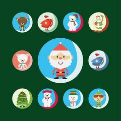 Christmas cartoons clip art set. Cute characters of the holiday symbols – Christmas tree, presents, bird, bear, elf, snowman and Santa. Isolated on green background.