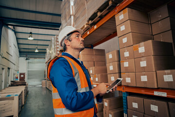 Side view of a male factory worker using digital tablet for maintaining stock records