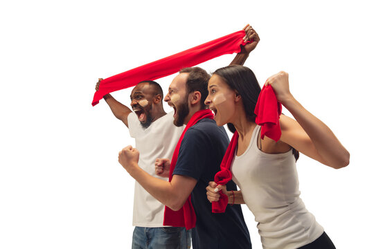 Emotion. Multiethnic Soccer Fans Cheering For Favourite Team With Bright Emotions Isolated On White Background. Beautiful Caucasian Women Look Excited, Supporting. Concept Of Sport, Fun, Support.