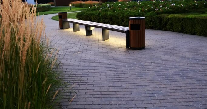 The architecture of small forms. Summer. City park. Park rest bench for visitors.
Evenings. Tall grass rolls in the wind. 
The lights of the night are on.

