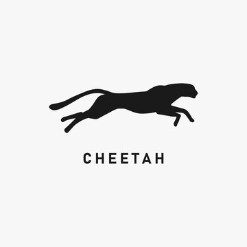 Running or jumping cheetah black silhouette. Fast big cat icon sign or symbol. Hunting wildcat logo. Puma predator. Quick leopard. Female lion in wilderness. Wildlife simple vector illustration.