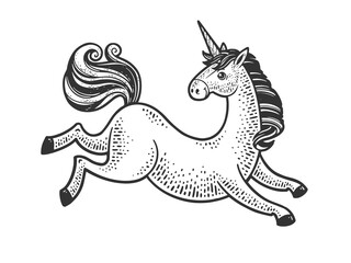 Unicorn cartoon legendary creature sketch engraving vector illustration. T-shirt apparel print design. Scratch board imitation. Black and white hand drawn image.