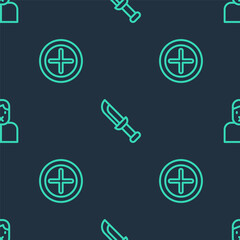 Set line Military knife, X Mark, Cross in circle and Censor and freedom of speech on seamless pattern. Vector.