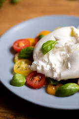 Burrata cheese on colourful tomato and basil salad