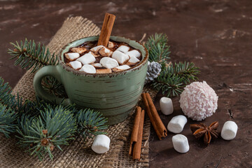 Fototapeta na wymiar atmospheric Christmas composition, a cup of cocoa with marshmallows, gingerbread cookies, sweets, cinnamon, copy space..