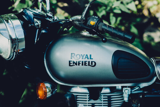 Darjeeling India, - March 17, 2013: Fuel tank of a motorcycle with the inscription Royal Enfield in India, on the streets of Darjeeling