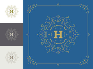 Vintage monogram logo elegant flourishes line art graceful ornaments victorian style vector template design