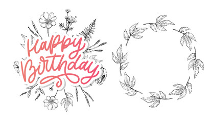 Happy Birthday lettering calligraphy slogan flowers vector illustration text