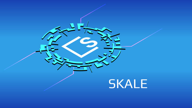 SKALE SKL isometric token symbol in digital circle on blue background. Cryptocurrency icon. Vector illustration for website or banner.