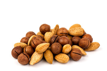 Assorted Nuts. Background of nuts - macadamia, almonds, isolated on white background