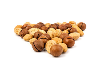 Assorted Nuts. Background of nuts - macadamia, almonds, isolated on white background