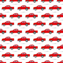 Abstract seamless cars pattern for boy on white background. Childish style wheel auto repeated backdrop. Red sportcar
