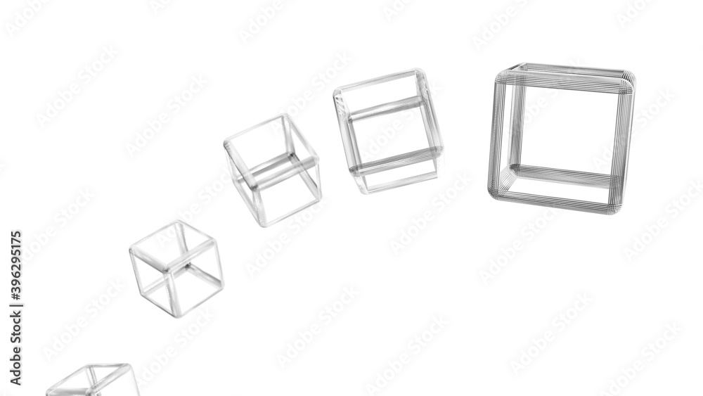 Poster wire cube floating on white background defocuses object behind the main cube. abstract design cube