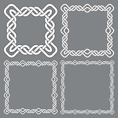 Set of square frames, rectangular patterns. 4 decorative elements for design with stripes braiding borders. White lines with black strokes on gray background.