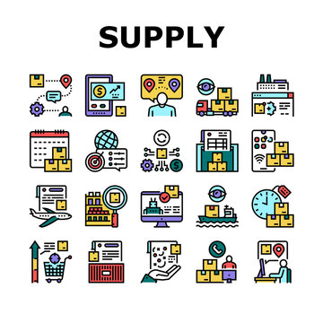 Supply Chain Management System Icons Set Vector. Optimization Of Supply Chain And Automation, Demand Forecasting And Sales Planning Concept Linear Pictograms. Contour Illustrations