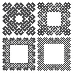 Set of square frames, rectangular patterns. 4 decorative elements for design with stripes braiding borders. Black lines on white background.