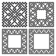 Set of square frames, rectangular patterns. 4 decorative elements for design with stripes braiding borders. Black lines on white background.