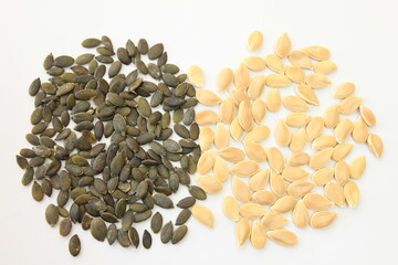 Pumpkin seeds on a white background
