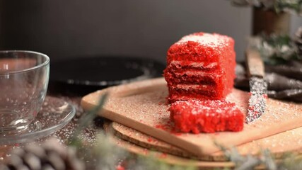 Strawberry piece of cake and red fruit tea, with winter decorations