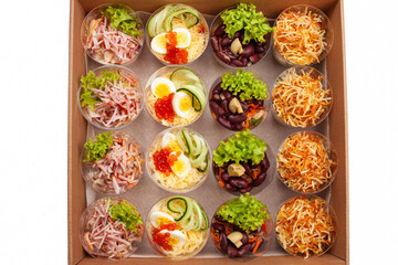 Boxing with food, cardboard box with snacks, home delivery. Catering. Gift for any holiday. Ready family dinner, party food.
