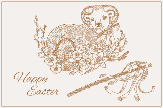Czech Easter - Easter baked lamb cake, Willow braided rod, Egg Basket, flowers daffodils and willow with easter decorations. Hand draw Illustration for packaging, menu cards, posters, prints.	