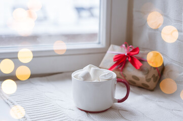 Christmas rest, morning, breakfast. Home atmosphere. Cozy Christmas concept. Selective focus