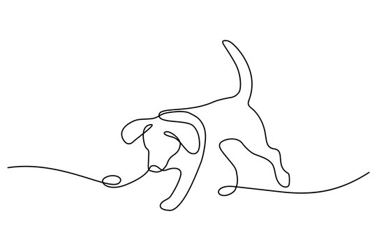Playful dog in continuous line art drawing style. Puppy playing minimalist black linear sketch isolated on white background. Vector illustration