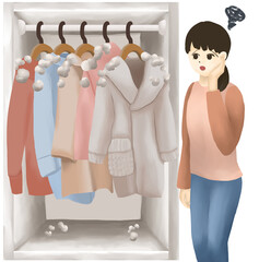 クローゼットの埃が積もった服と困る女性
