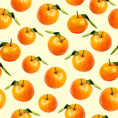 Mandarines with leaves seamless pattern on yellow background