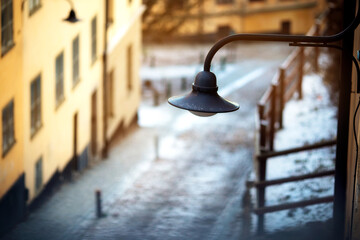 lantern on the winter street of the city