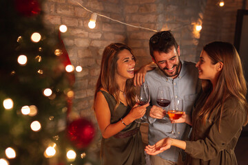 Friends drinking wine by the Christmas tree at New Year's party