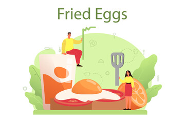 Fototapeta premium Tasty fried eggs with vegetables and bacon for breakfast.