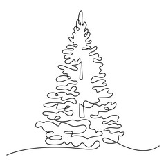 Fir tree in continuous line art drawing style. Spruce black linear design isolated on white background. Vector illustration