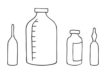 Ampoules and vials for medicines, injections and droppers, vaccines or antibiotics. hand drawn contour sketch. Black and white. Doodle.