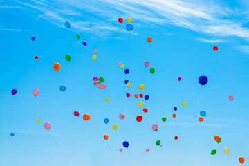 Many colorful balloons flying in the sky. Birthday, celebration, festival, wedding, childhood, hope and anniversary concept