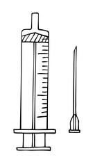 Medical syringe and separate needle. Hand drawn contour sketch. Black and white. Doodle.