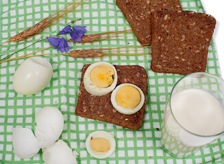 Slices of bread with eggs, glass of milk, rye and bluebell flower on checkered table-napkin