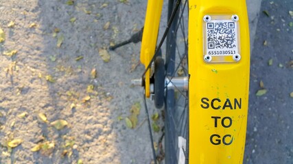 ARMENIA, YEREVAN-OCTOBER 15, 2020. A city Bicycle wheel with an inscription on it, a transition...