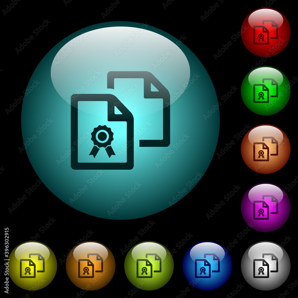 Sticker copy certificate icons in color illuminated glass buttons