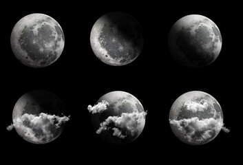 The moon in various phases and with clouds in front on a black background
