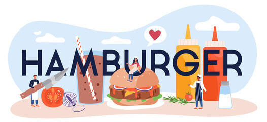 Naklejka premium Hamburger typographic header. Chef cook tasty hamburger with cheese